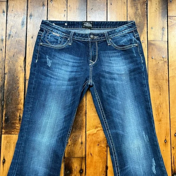 Rerock Express Womens 12 Low Rise Boot Cut Jeans Dark Wash Embroidered Y2K 32x30 - Picture 2 of 13